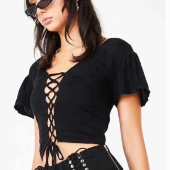 I Am Gia Gwyneth Lace Up Crop Top Black Lace-Up Crop Top - Picture 1 of 14